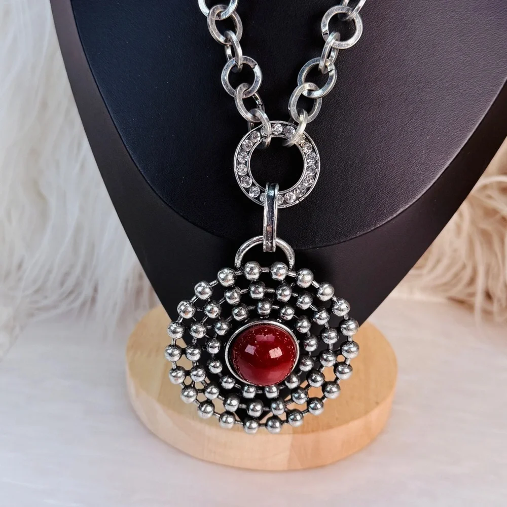 Vintage Aged Silvertone Weighted Red Pendant Necklace